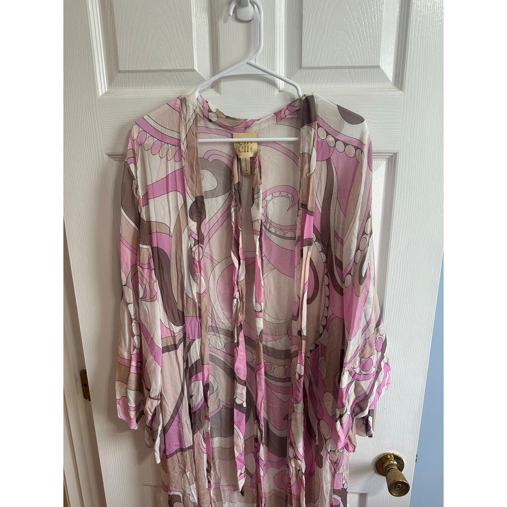 Cin Cin Oasis Fortune Viscose Robe Cover Up Belted Pink Tan Resortwear Sz S/M - Picture 4 of 8